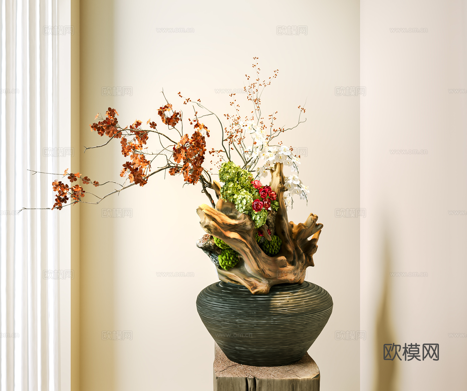 花瓶 中古花艺盆景 陶罐花瓶 干枝花艺 装饰摆件 花 现代花su模型