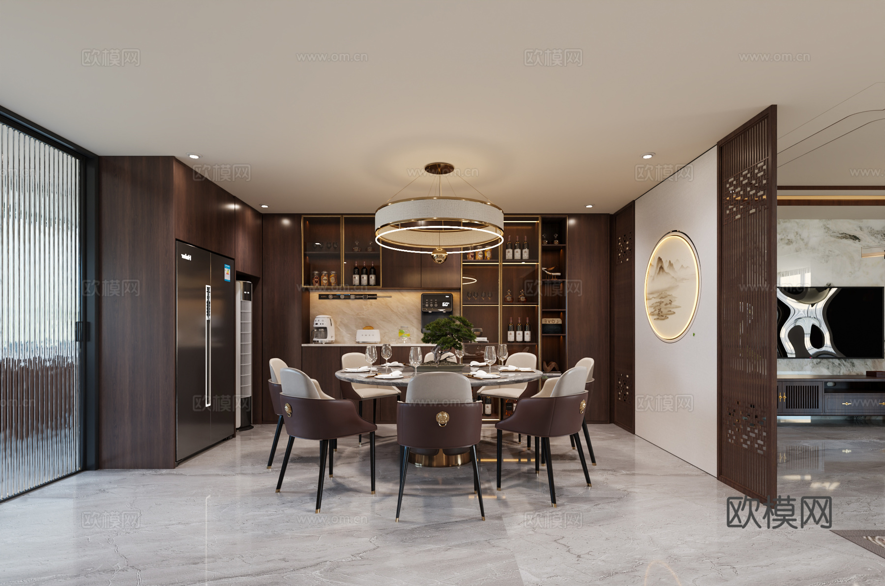 新中式餐厅 新中式圆形餐桌 新中式酒柜餐边柜 中式餐厅3d模型
