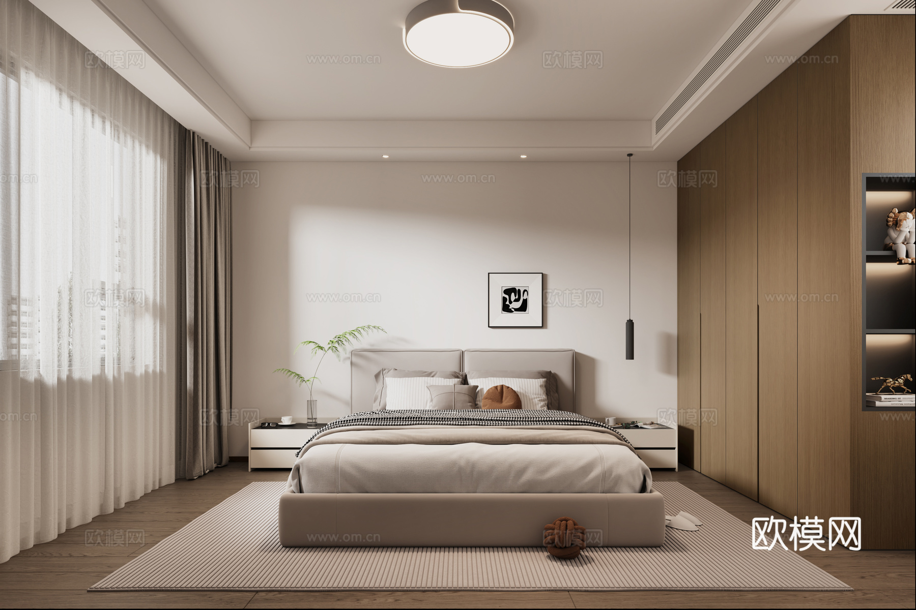 现代主卧卧室 现代吸顶灯 现代床3d模型下载