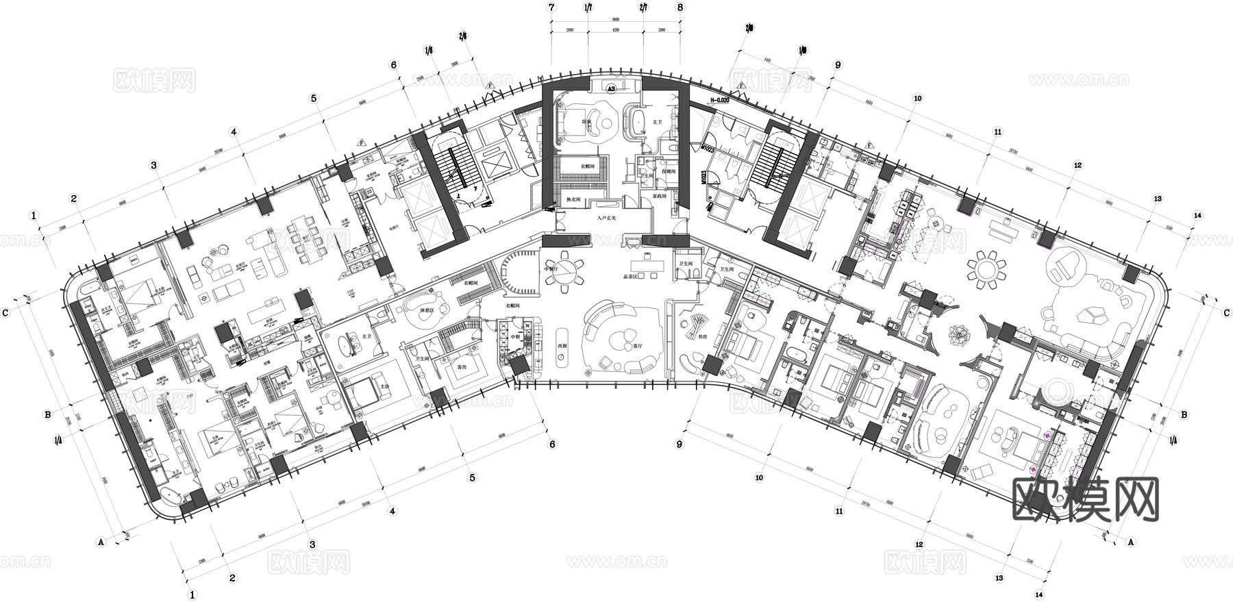 大平层样板房大平层整层cad施工图