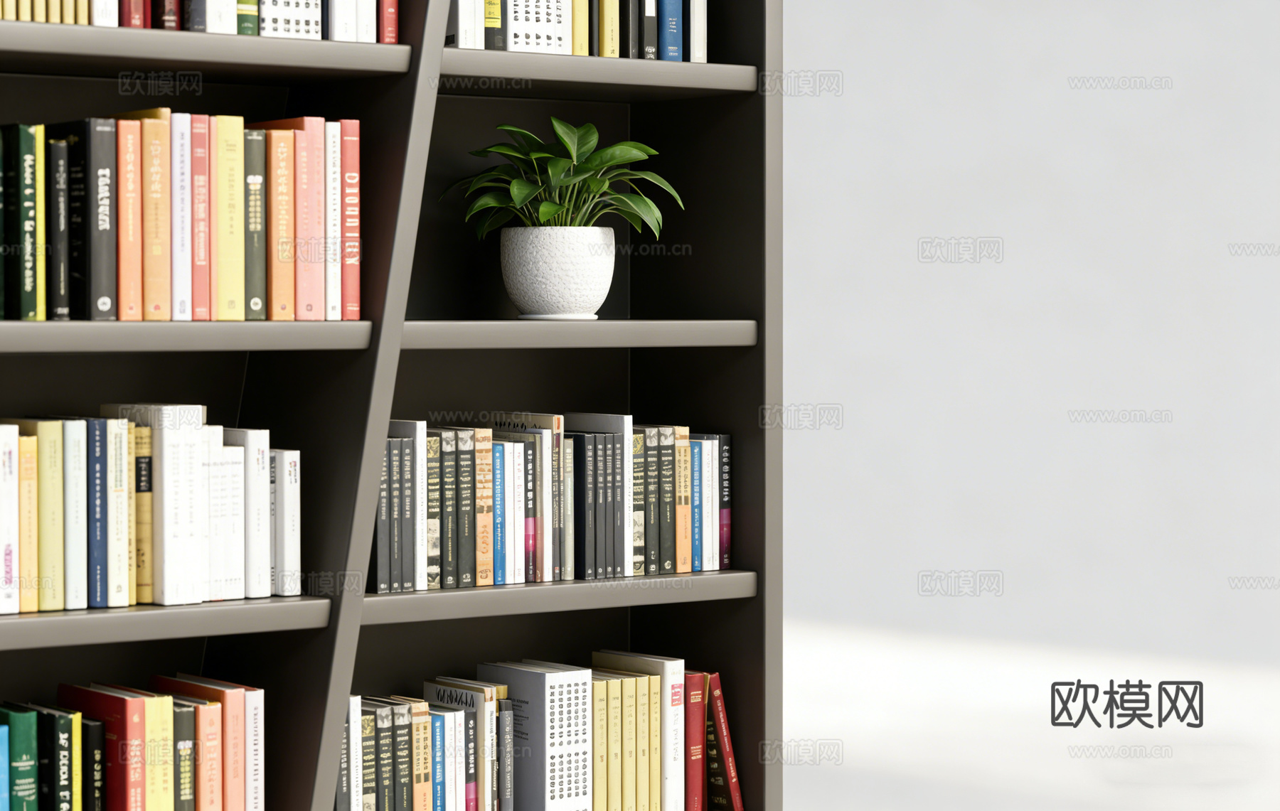 现代简约深灰色几何造型书架 整墙书柜 客厅书房隔断 仿真绿植su模型