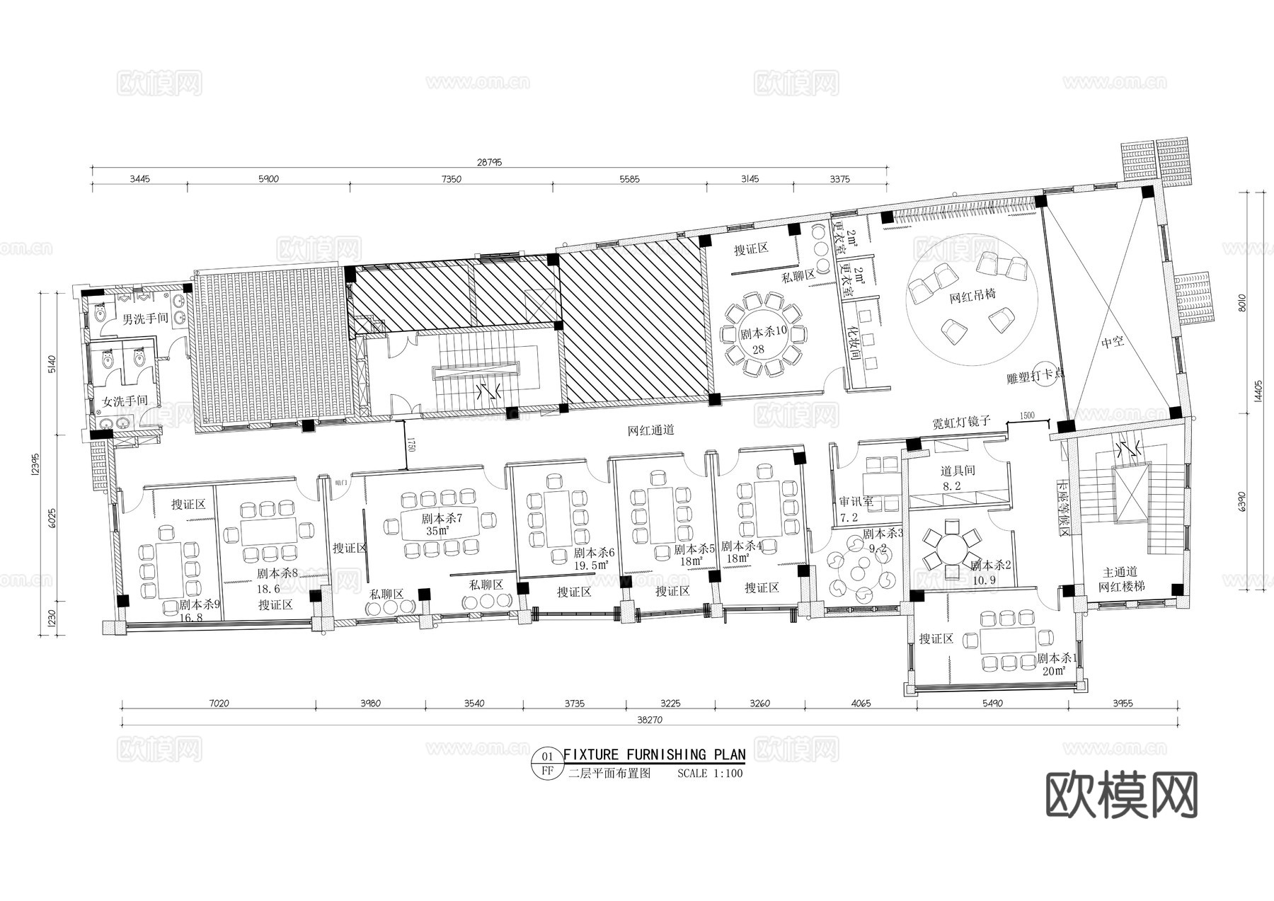 剧本杀密室逃脱角色扮演沉浸式剧场平面布置图cad施工图cad施工图下载（渲染图2）