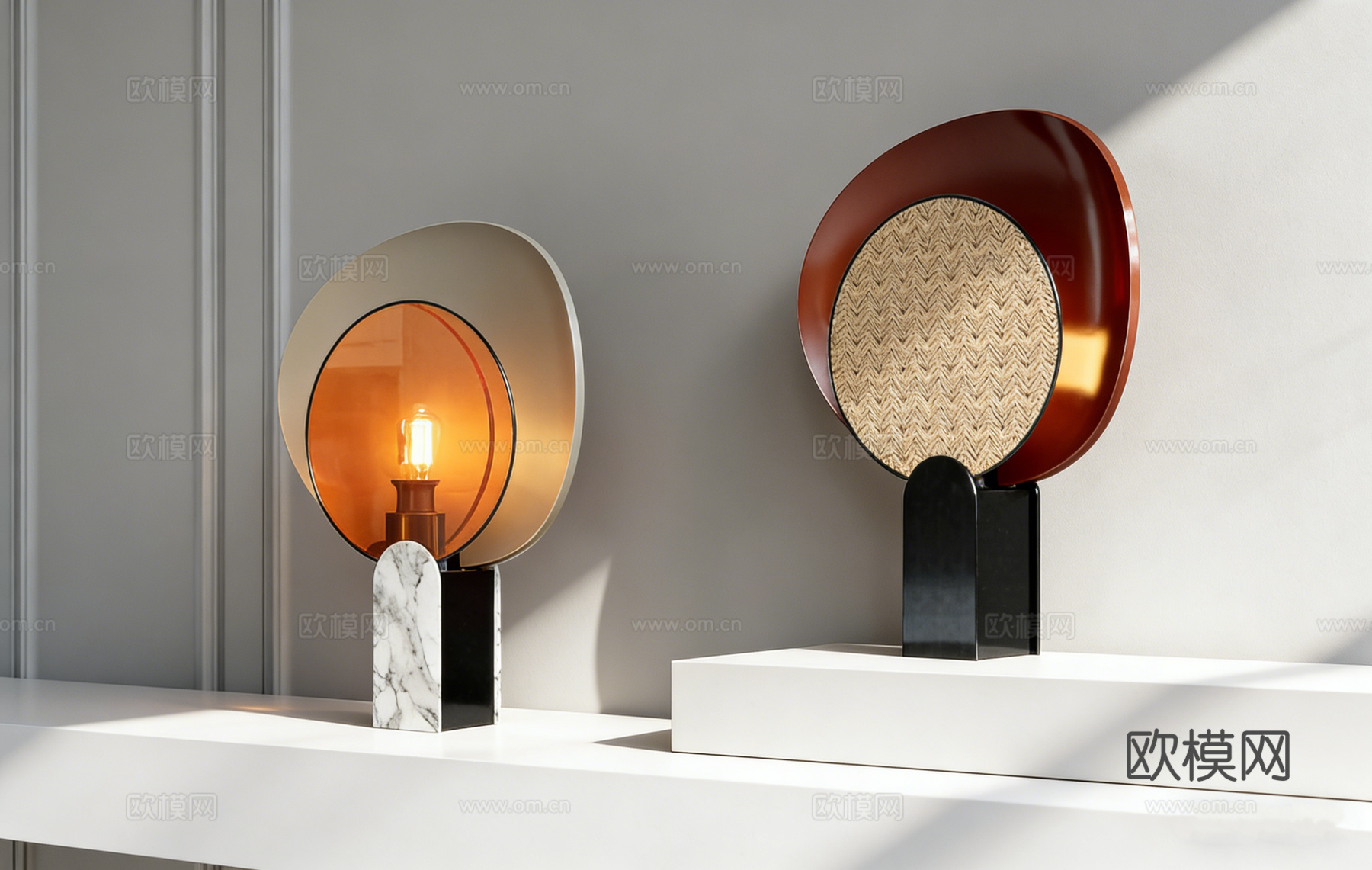 侘寂风编织纹理台灯 藤编镂空灯罩 温馨光影 大理石底座 半透su模型