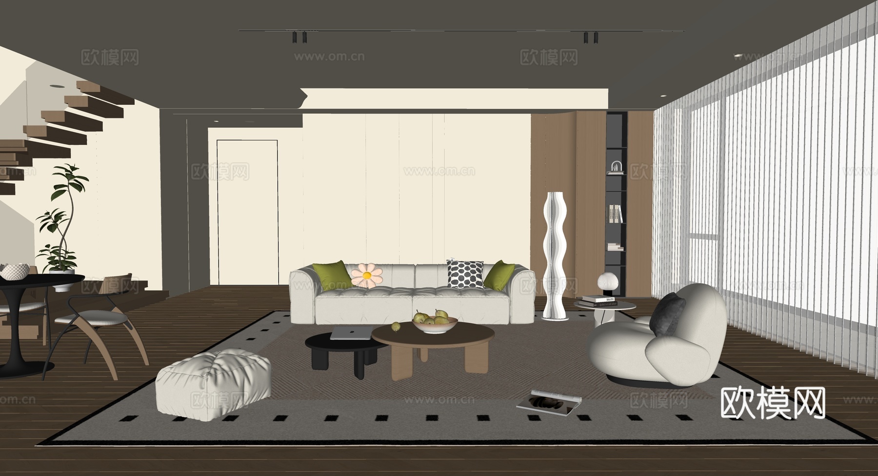 奶油风客餐厅su模型