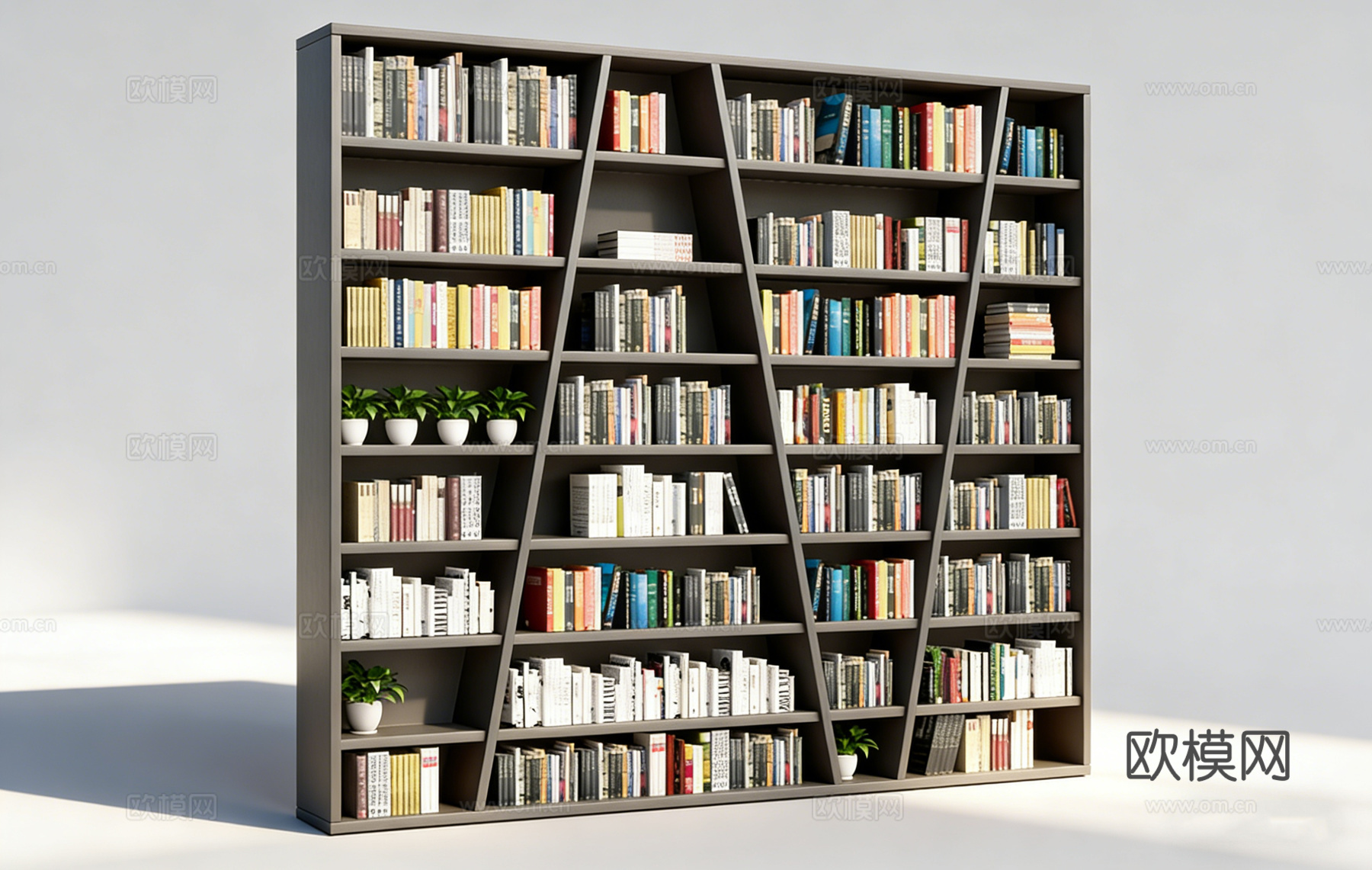 现代简约深灰色几何造型书架 整墙书柜 客厅书房隔断 仿真绿植su模型