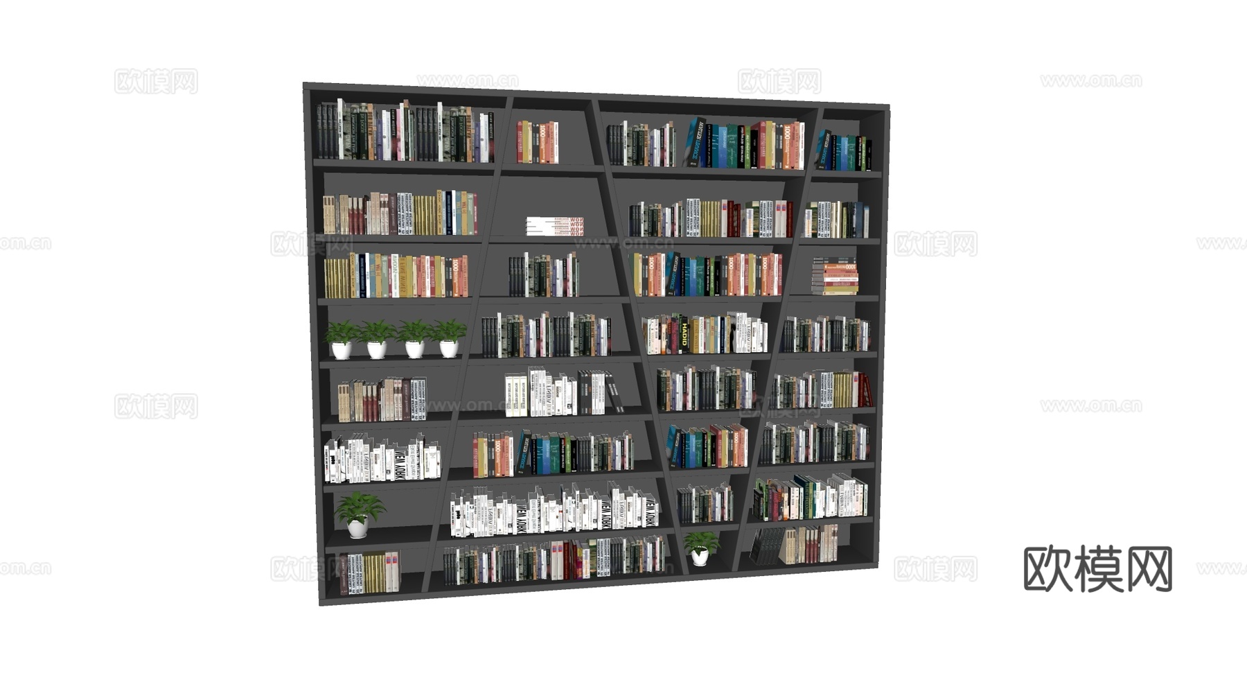 现代简约深灰色几何造型书架 整墙书柜 客厅书房隔断 仿真绿植su模型
