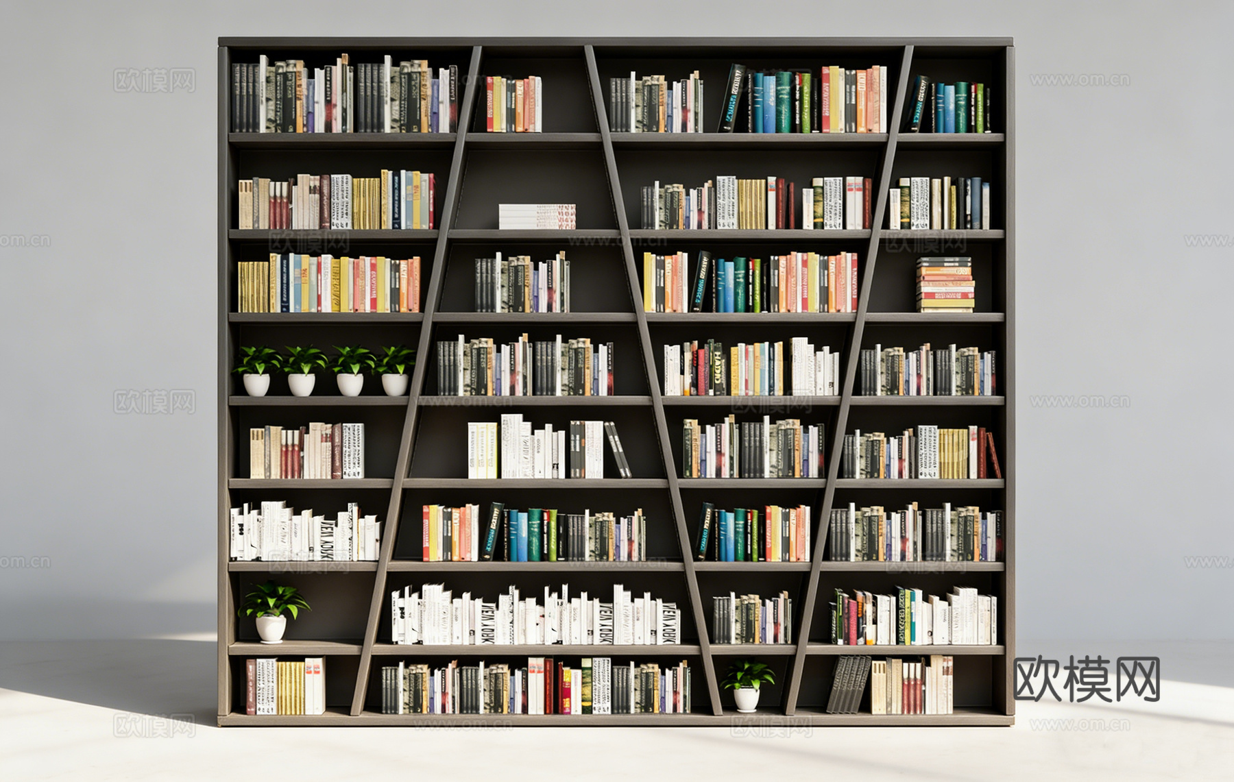 现代简约深灰色几何造型书架 整墙书柜 客厅书房隔断 仿真绿植su模型