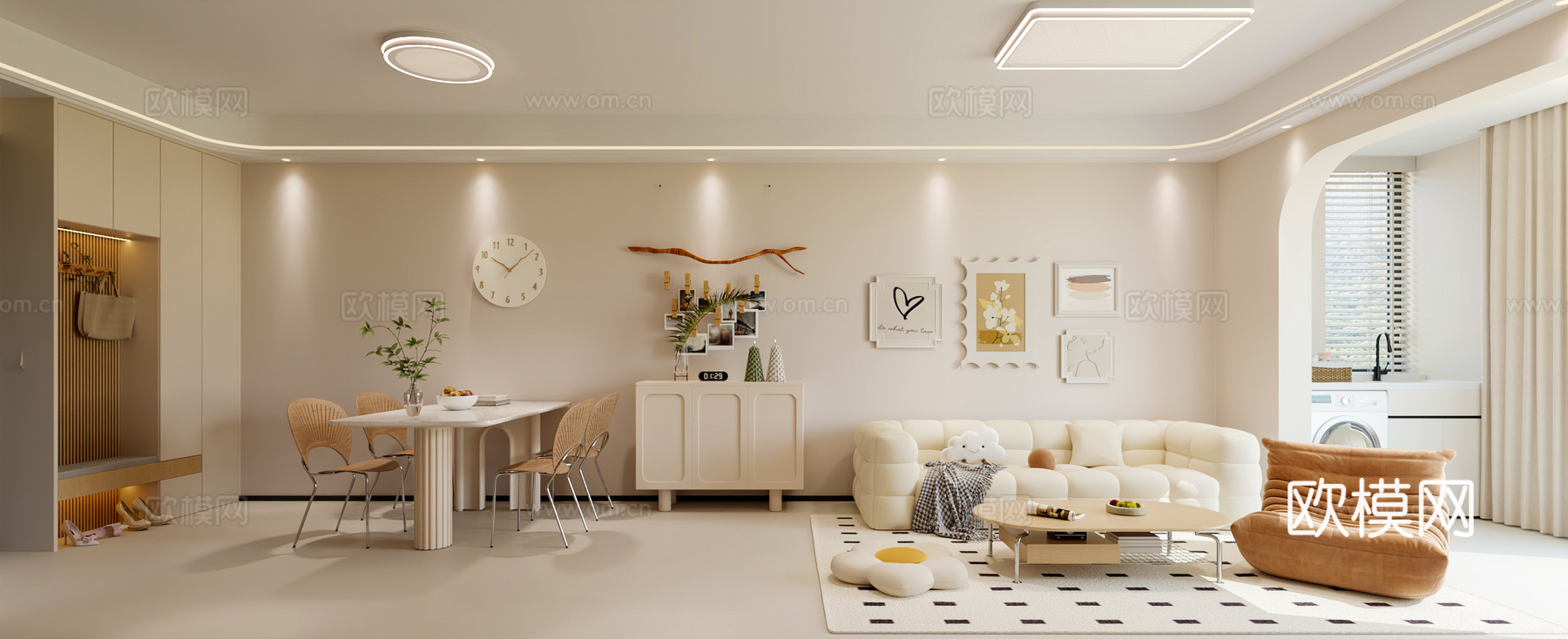奶油风客餐厅 简约客餐厅 奶油风餐桌 奶油风沙发 现代客餐厅3d模型