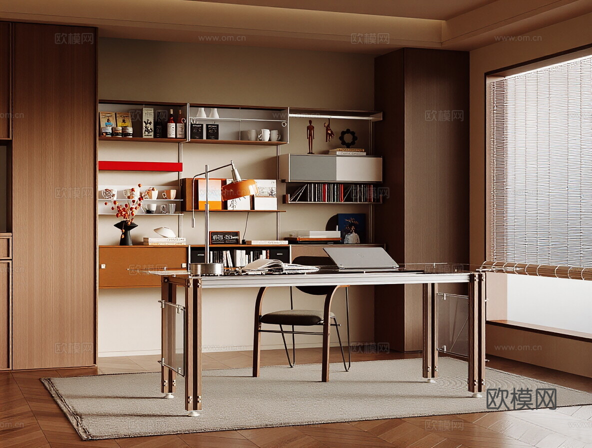 中古风家居书房 书桌 书柜 摆件 花瓶 书3d模型下载