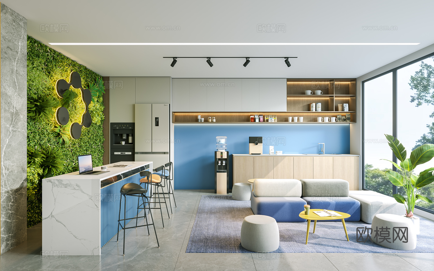 现代 茶水间 办公茶水间 吧台 饮水区 绿植墙 吧台 直饮机su模型