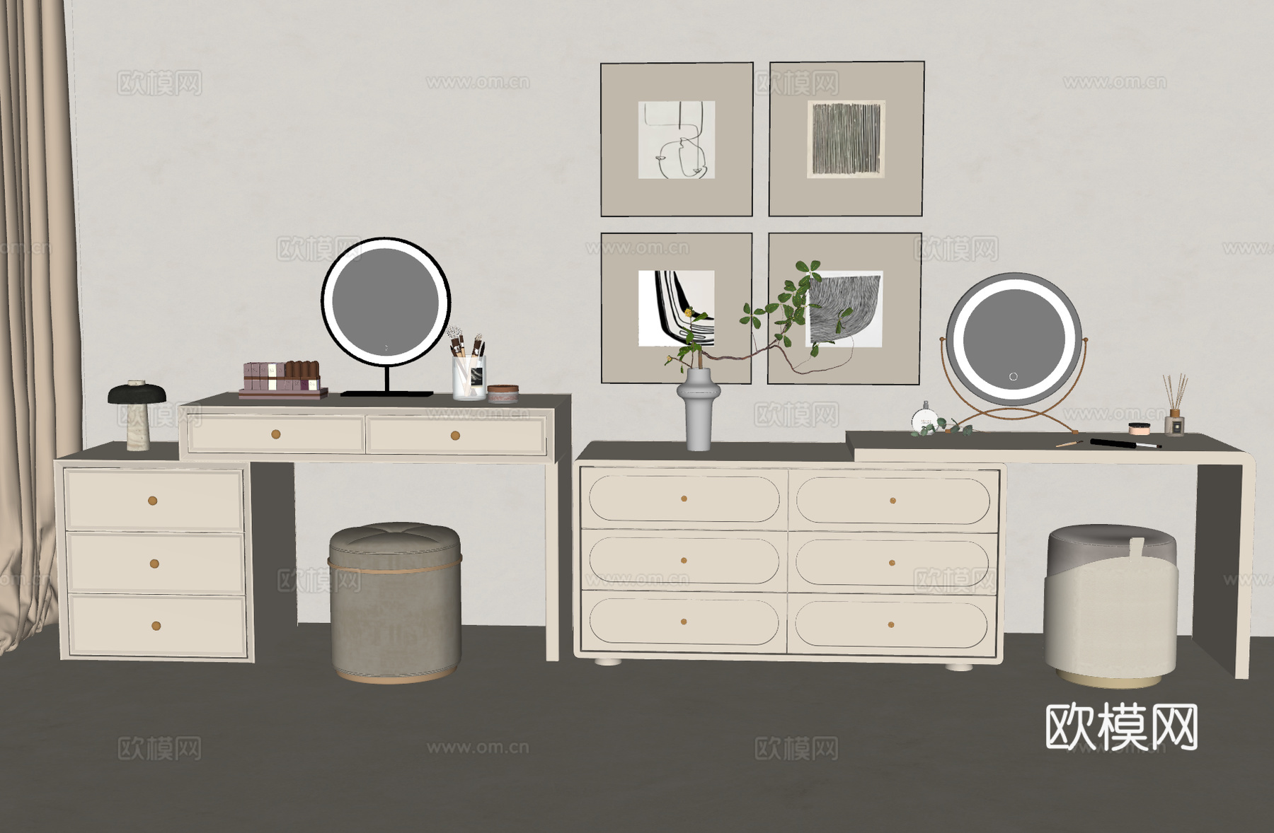 现代梳妆台 奶油风梳妆台 妆凳 化妆品组合 单椅su模型