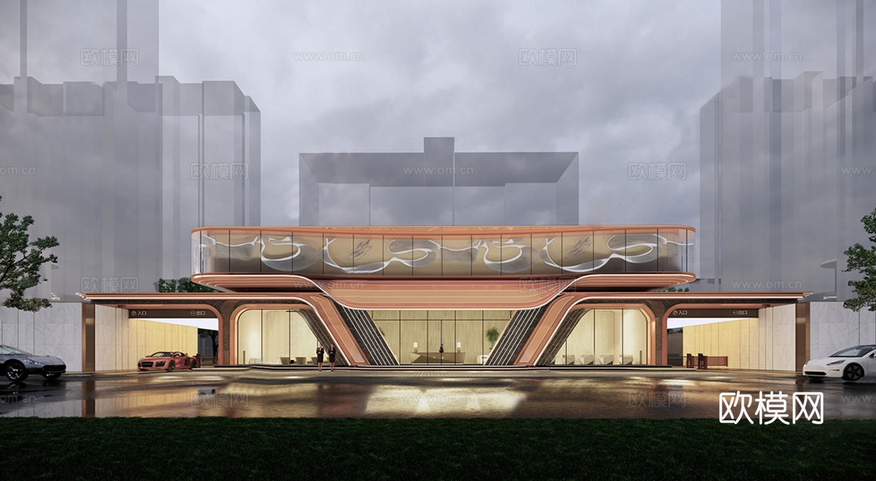 新中式售楼处建筑 售楼部建筑 小区入户大堂su模型