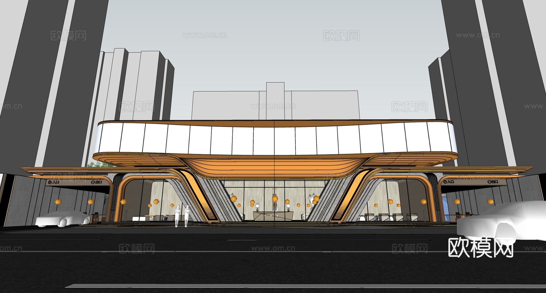 新中式售楼处建筑 售楼部建筑 小区入户大堂su模型
