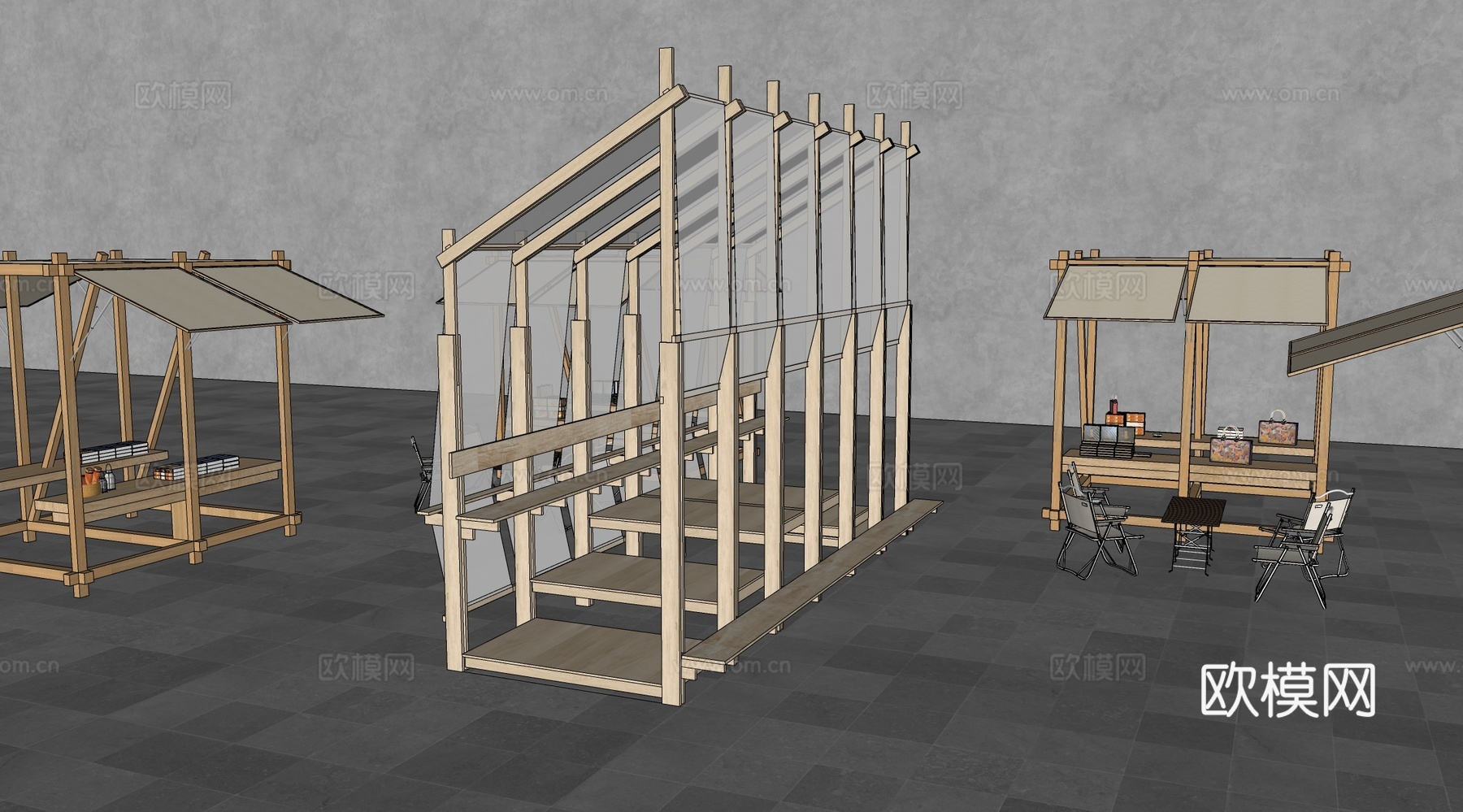 新中式原木廊架 木构造型创意廊架 户外建筑构件su模型