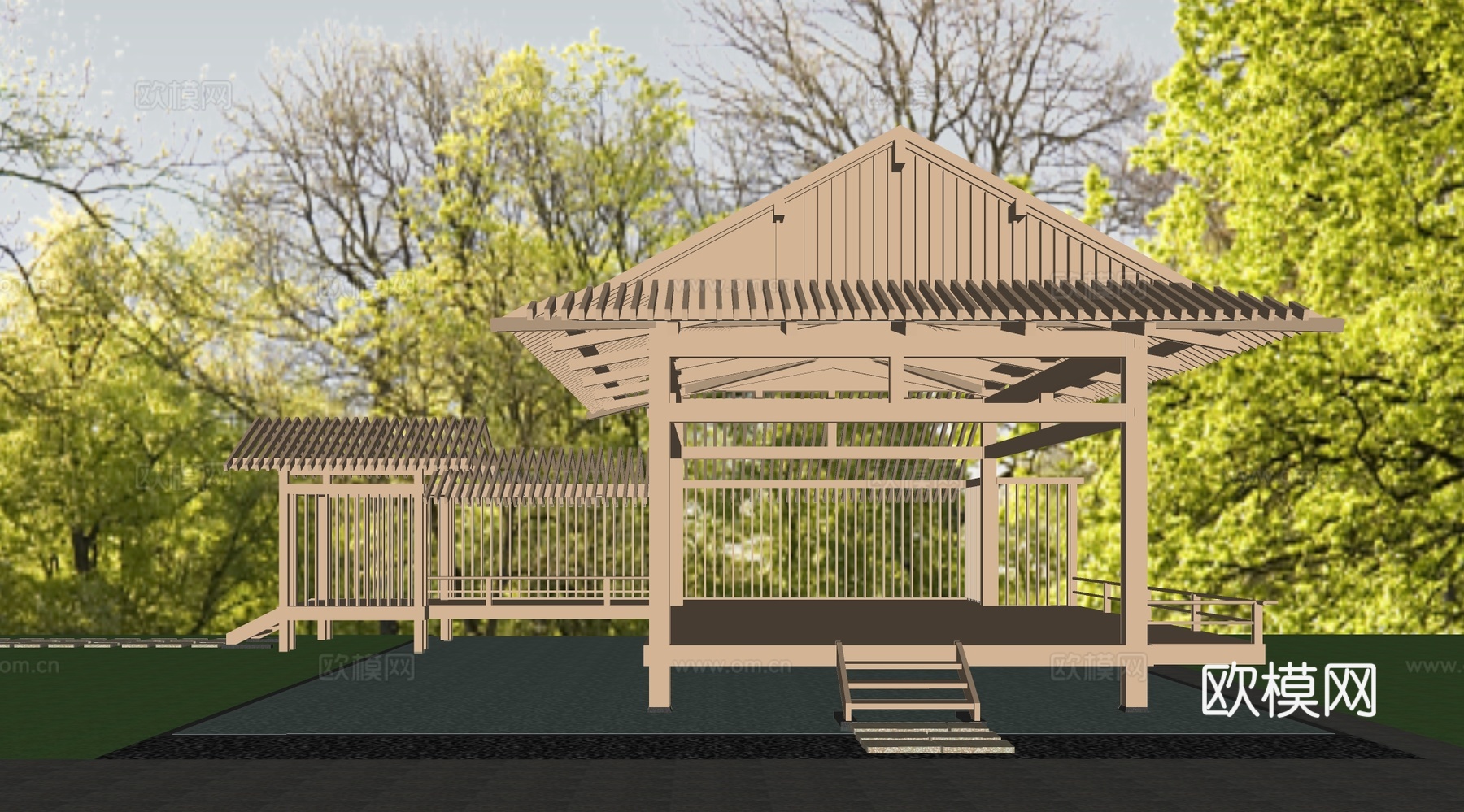 新中式景观亭  建筑廊架 建筑构件su模型
