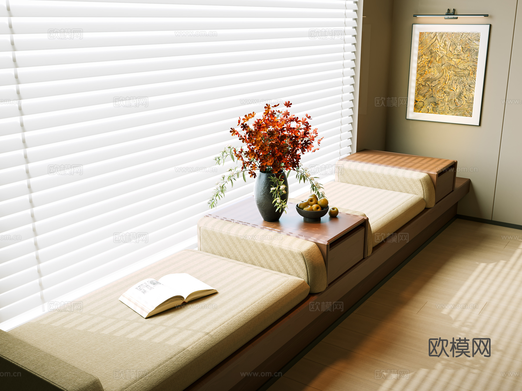 现代中古飘窗柜 飘窗 坐垫 中古风坐垫 坐垫 百叶帘 窗帘su模型