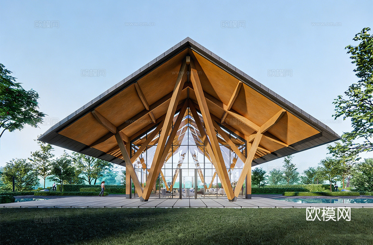 新中式公共建筑 现代木结构建筑  户外建筑构件su模型