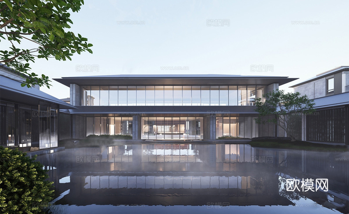 新中式售楼处建筑 宋氏售楼部建筑su模型