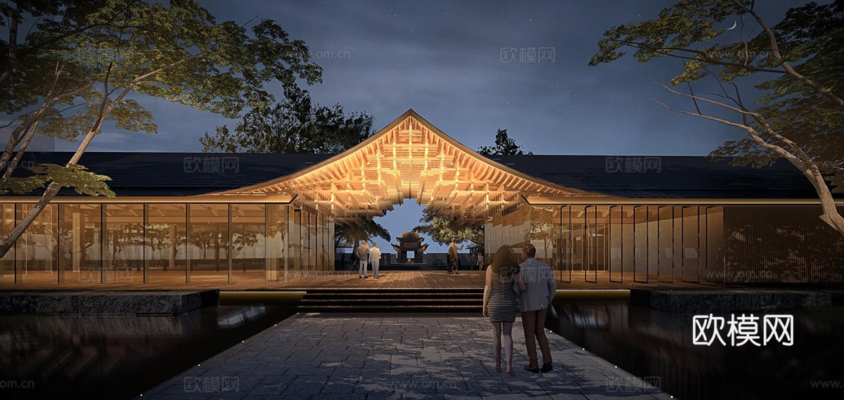 现代异形木构架门厅 廊道廊架su模型
