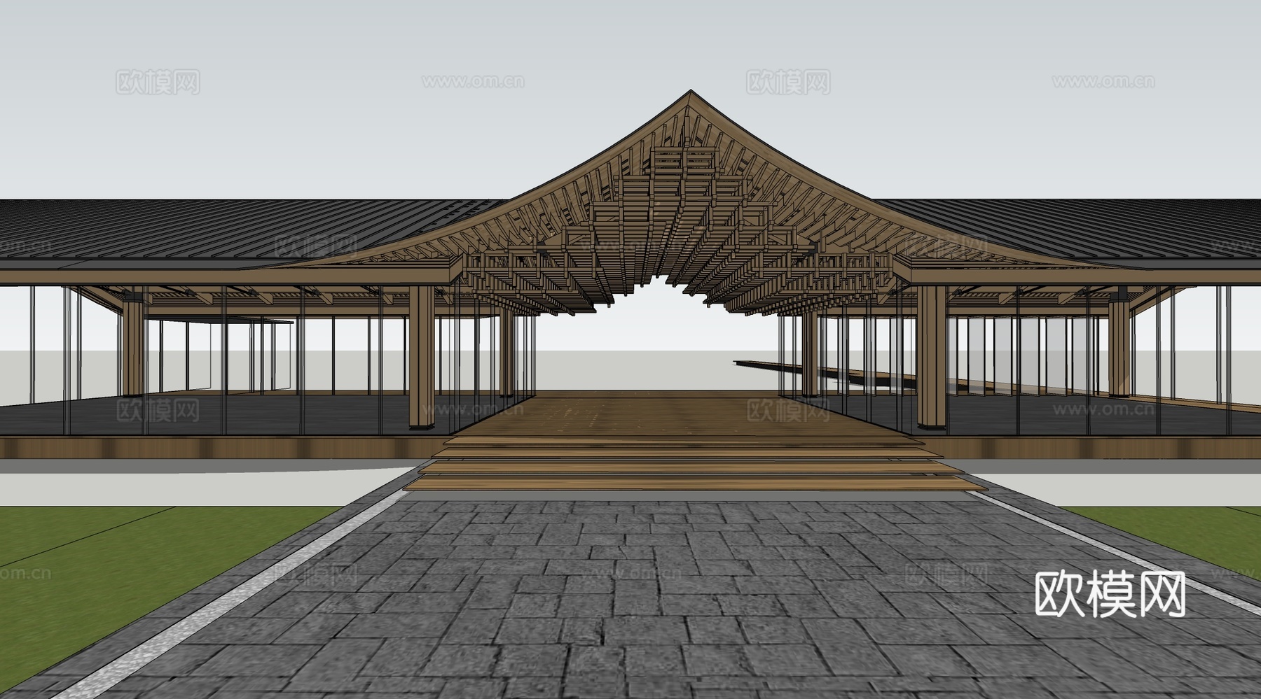 现代异形木构架门厅 廊道廊架su模型