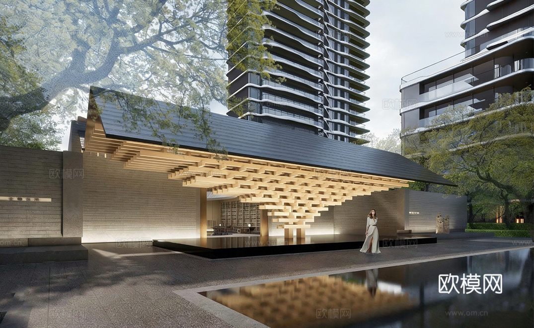 现代原木入口大门 榫卯结构大门su模型