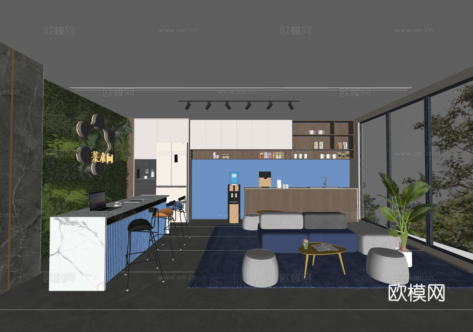 现代 茶水间 办公茶水间 吧台 饮水区 绿植墙 吧台 直饮机su模型