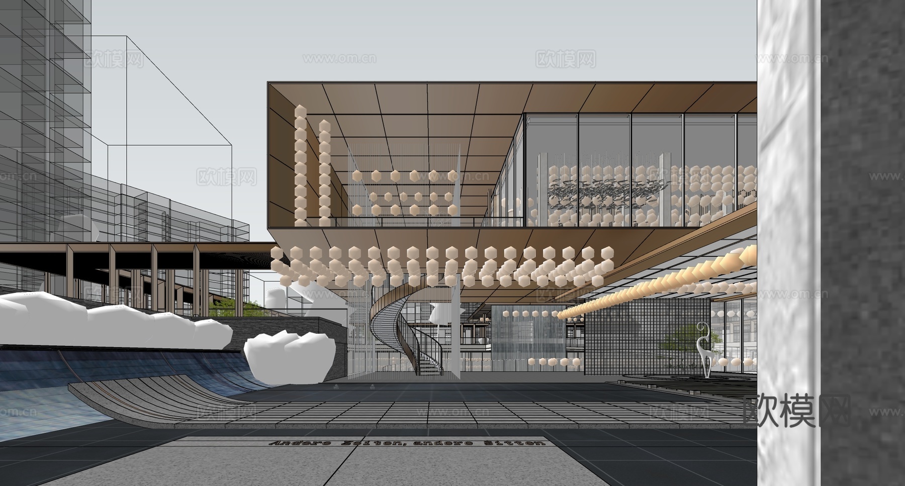 现代轻奢售楼处建筑  售楼部建筑 入户大堂su模型