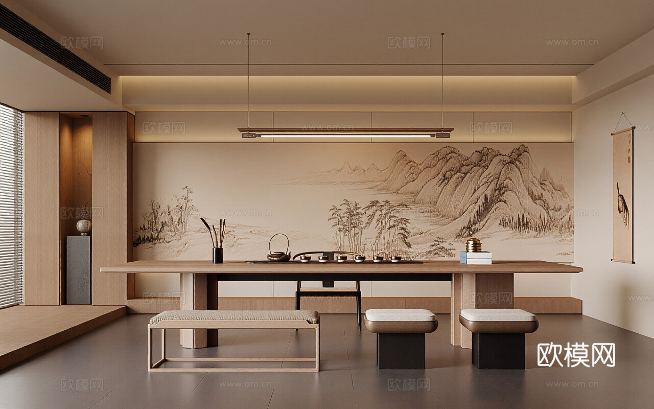 现代新中式茶室 茶桌椅组合 茶具 茶柜 吊灯 茶椅3d模型