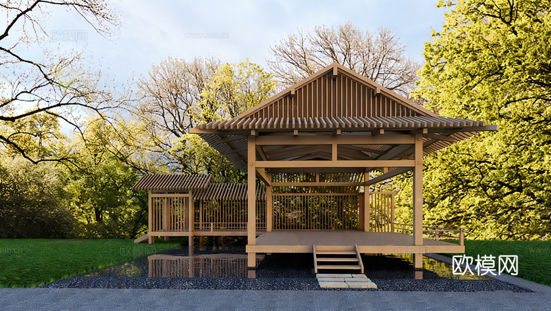 新中式景观亭  建筑廊架 建筑构件su模型