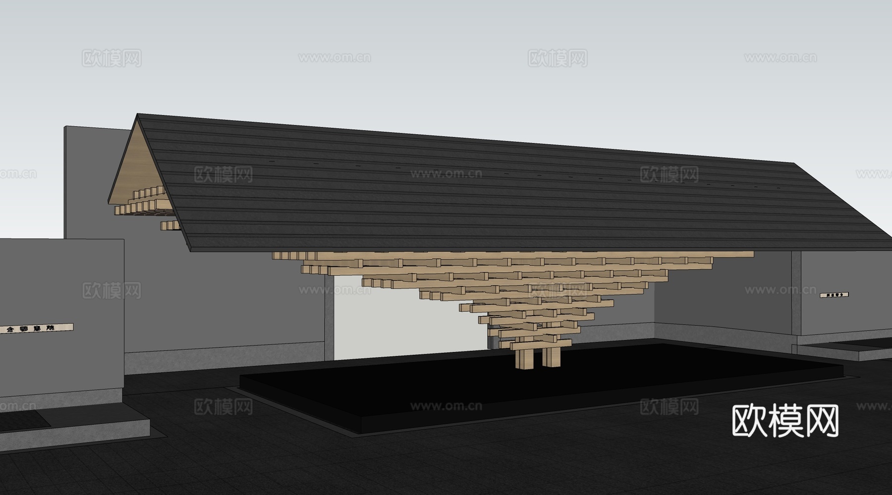 现代原木入口大门 榫卯结构大门su模型