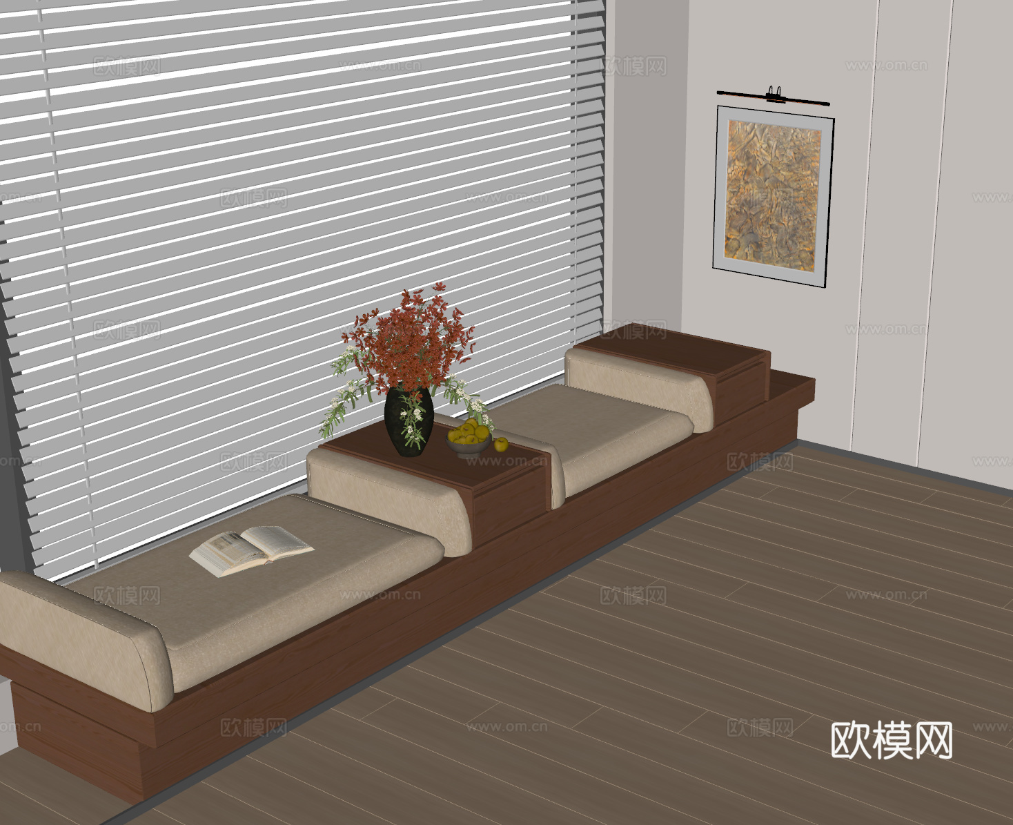现代中古飘窗柜 飘窗 坐垫 中古风坐垫 坐垫 百叶帘 窗帘su模型