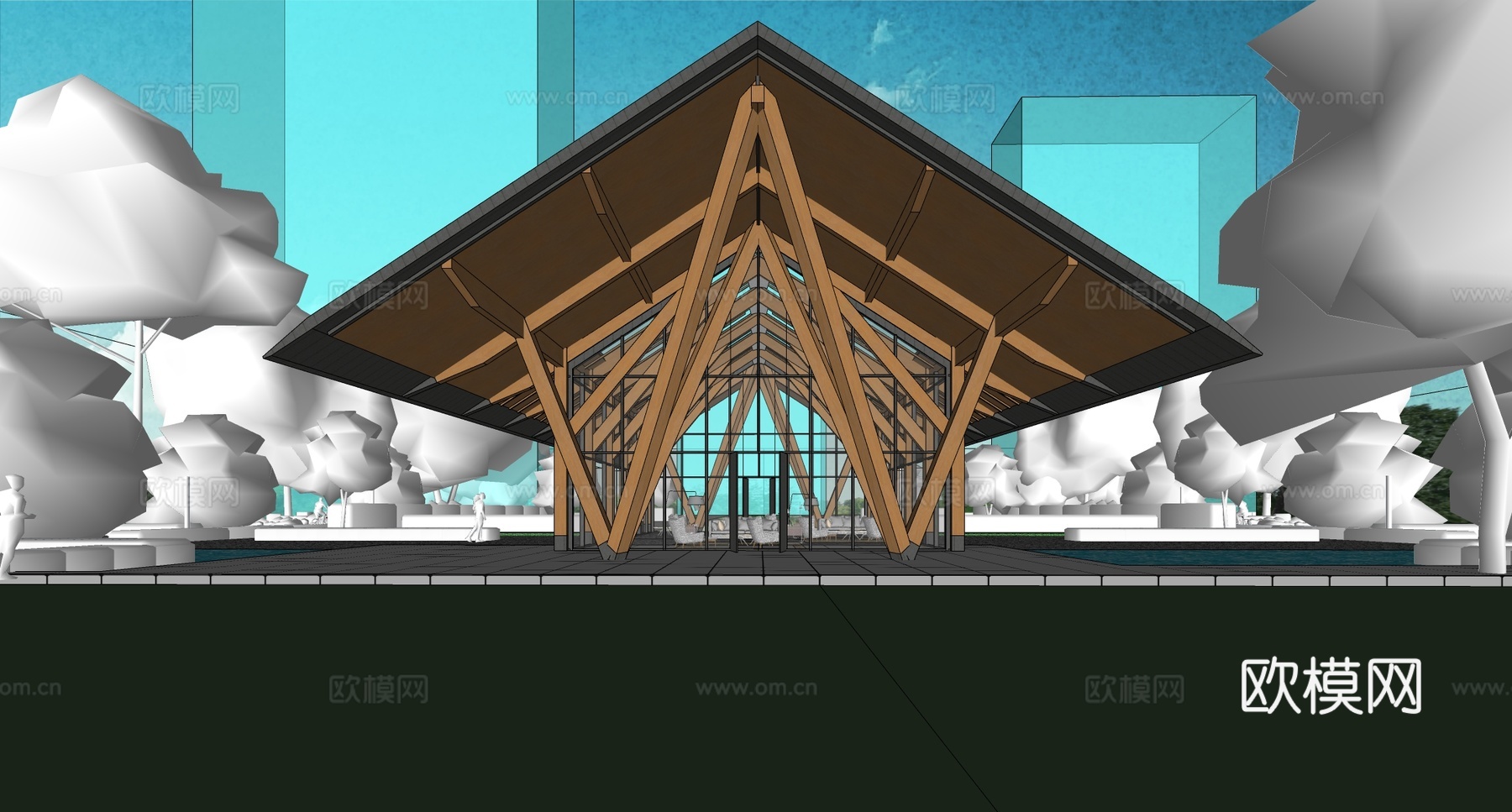 新中式公共建筑 现代木结构建筑  户外建筑构件su模型