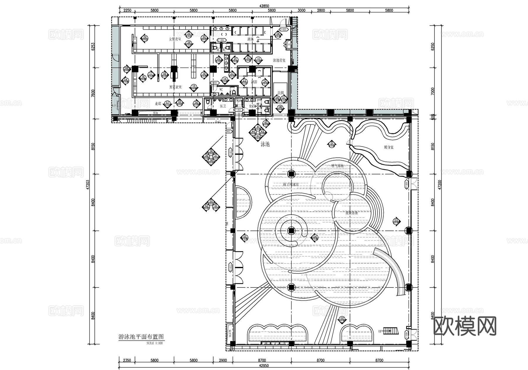 1200㎡弧形儿童游泳池全套施工图  圆形游泳馆   休闲娱cad施工图下载（渲染图2）