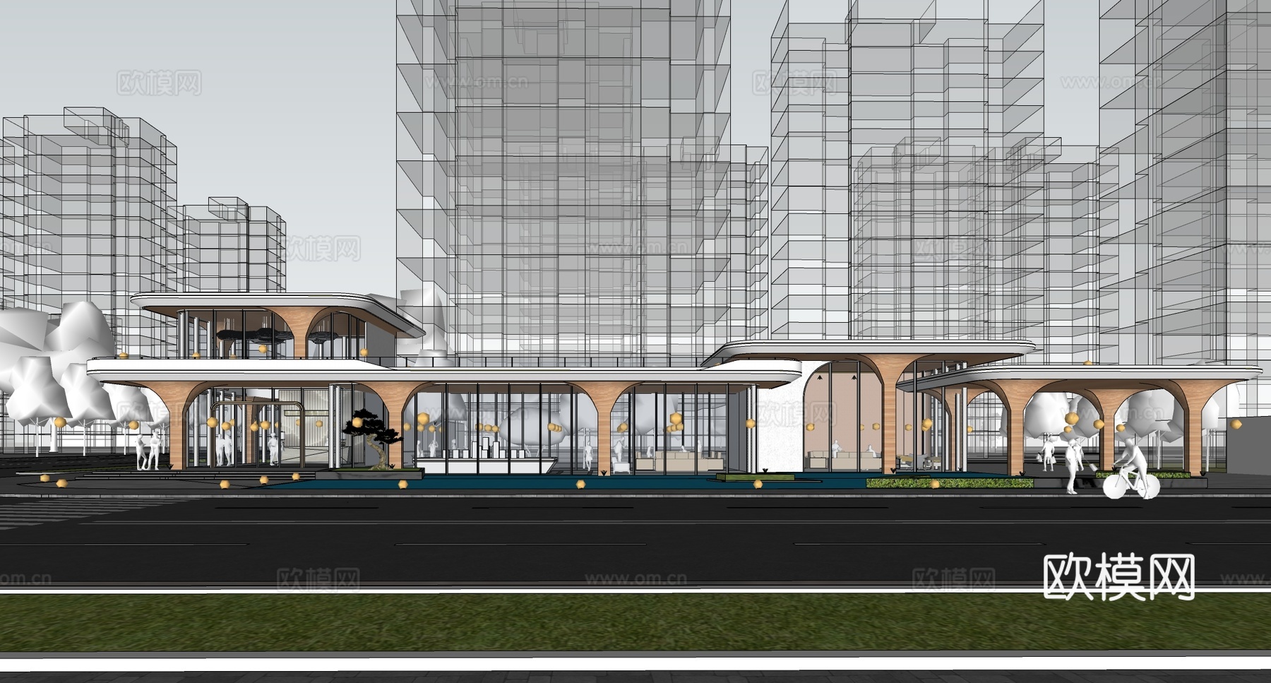 现代售楼处建筑 售楼部建筑 小区入户大堂su模型