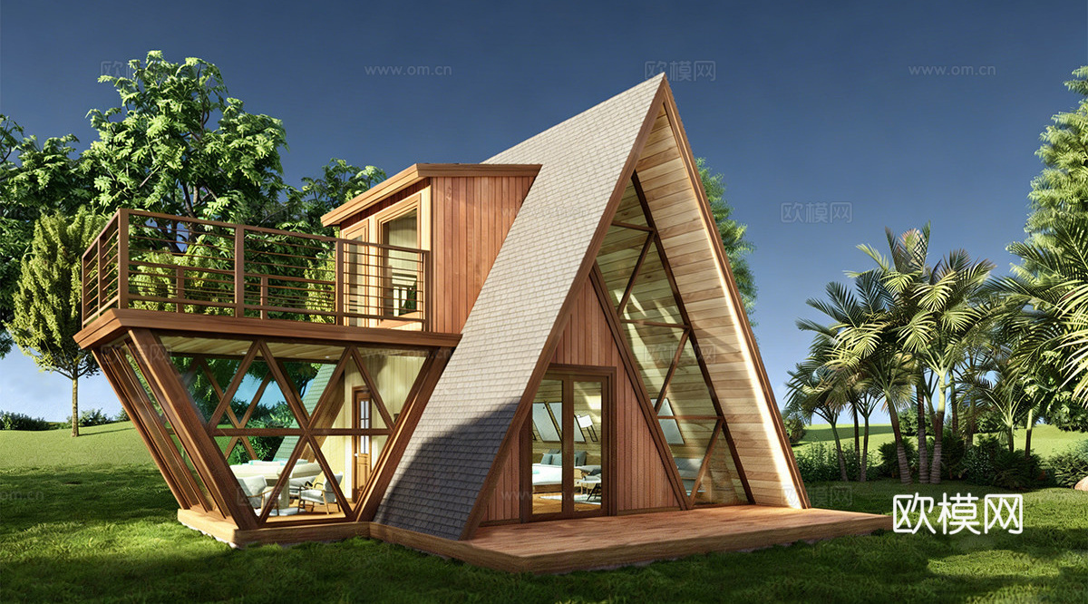 现代简约木屋建筑 亲子阁楼房 木屋酒店民宿建筑su模型