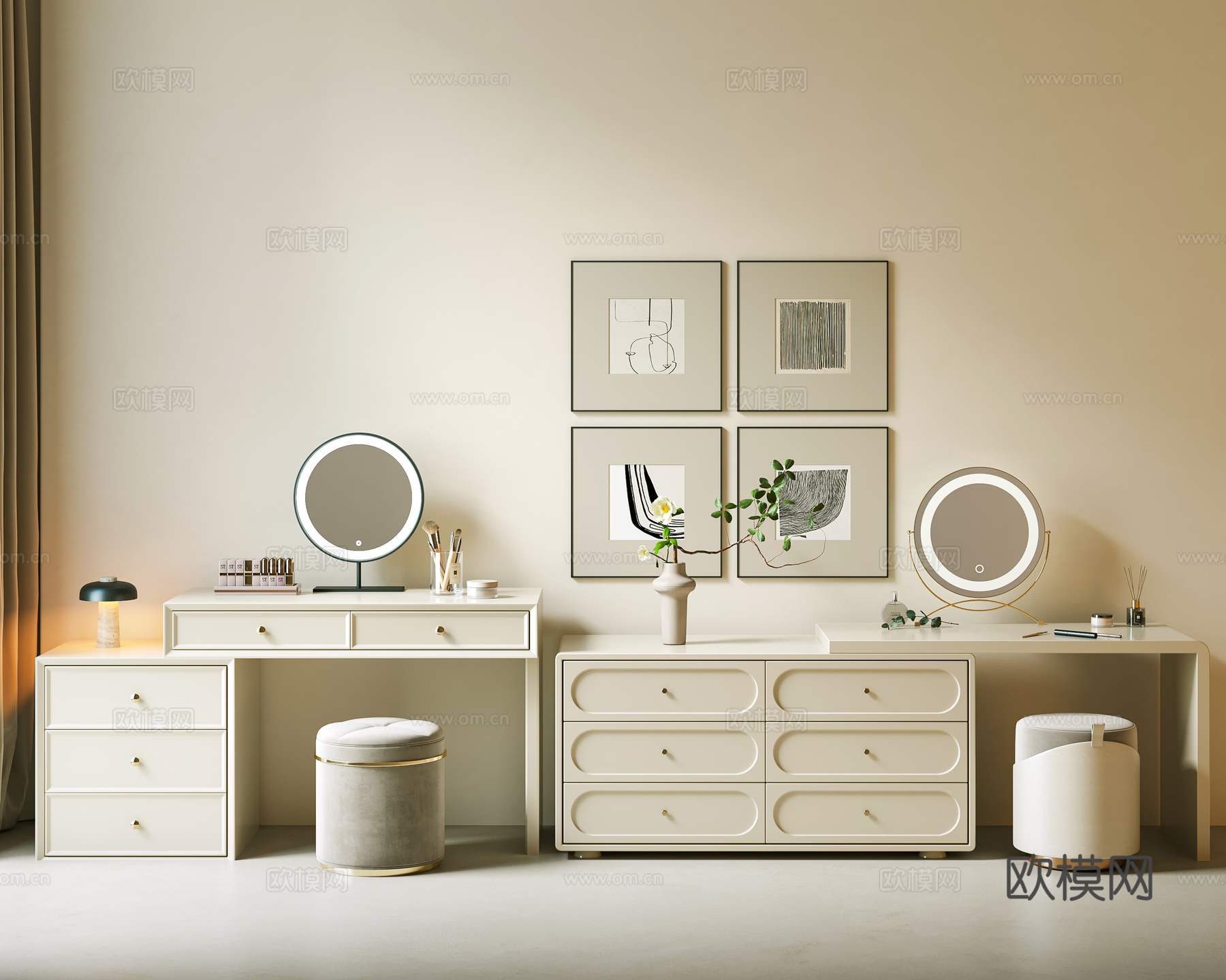 现代梳妆台 奶油风梳妆台 妆凳 化妆品组合 单椅su模型