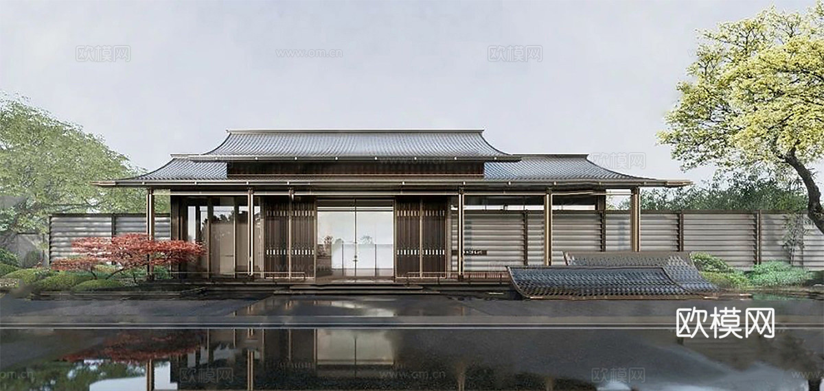 新中式售楼处建筑 售楼部建筑su模型