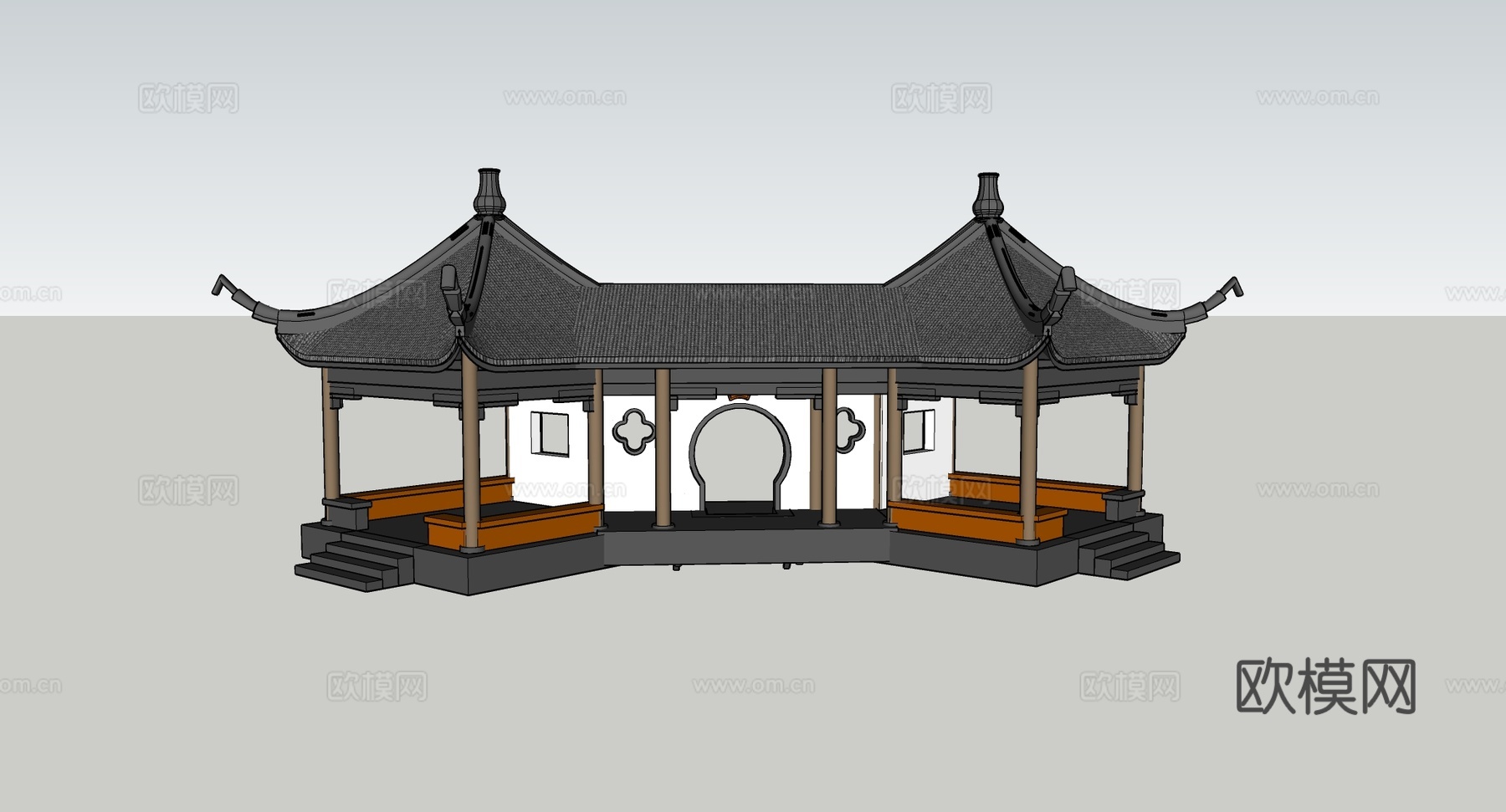 中式四角凉亭 飞檐翘角深灰瓦 棕色木柱美人靠 园林景观 古建su模型