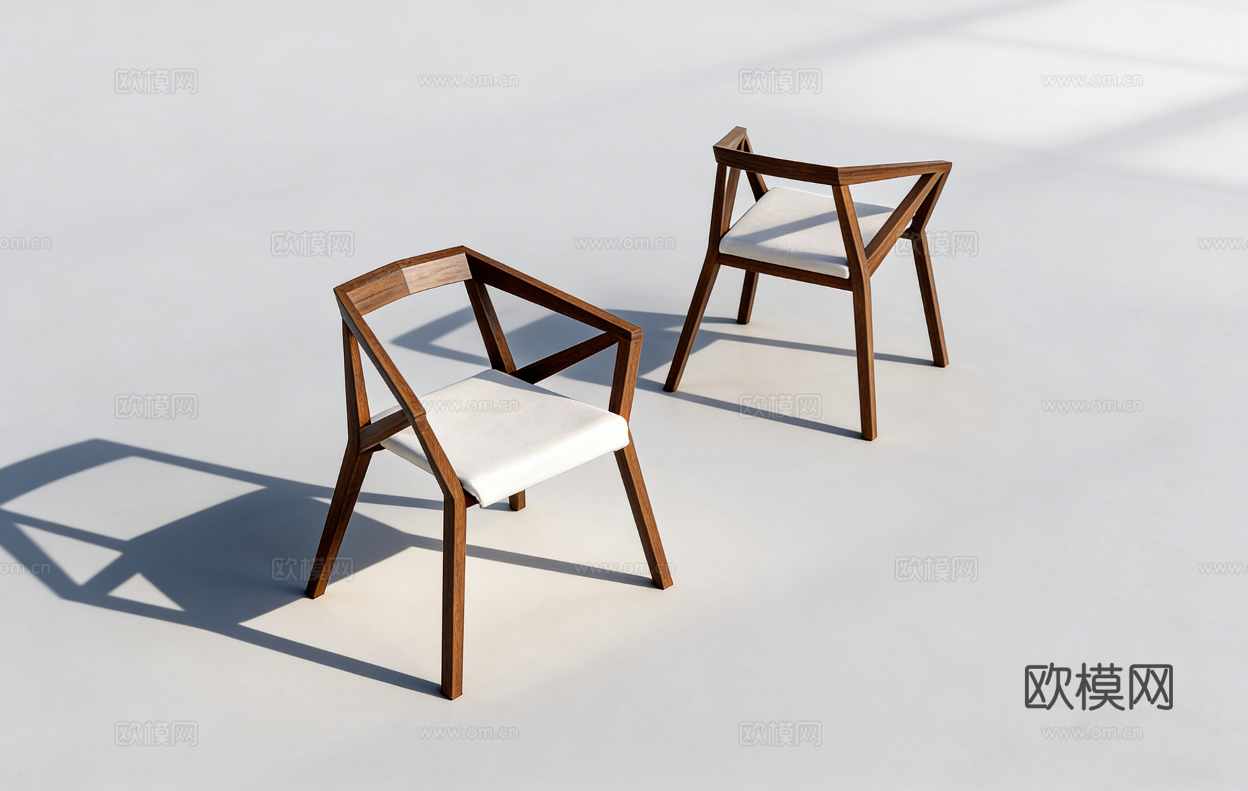 现代简约交叉背休闲椅 深棕色实木框架 客厅对椅 几何线条椅su模型