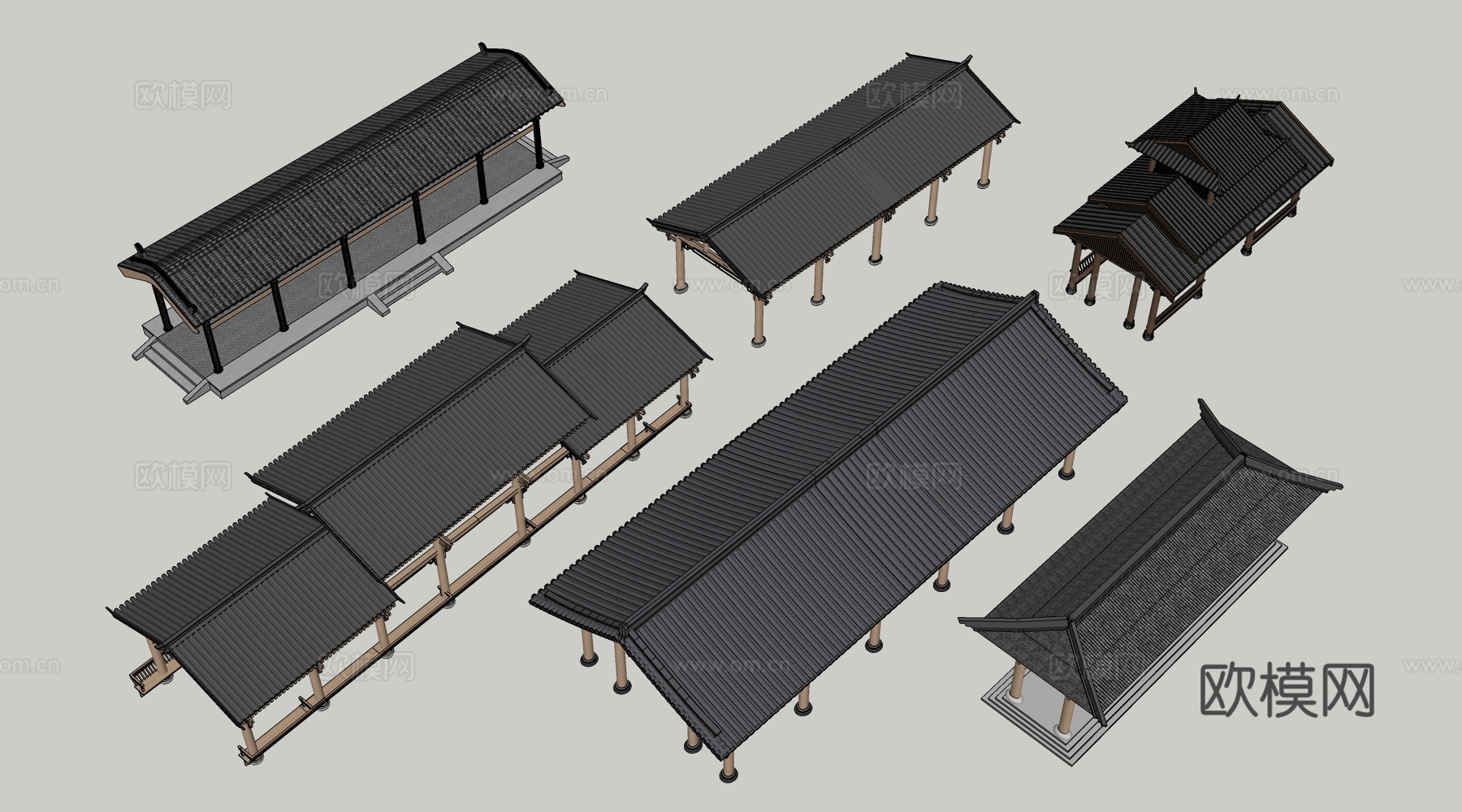 中式长廊 中式廊架 中式连廊su模型