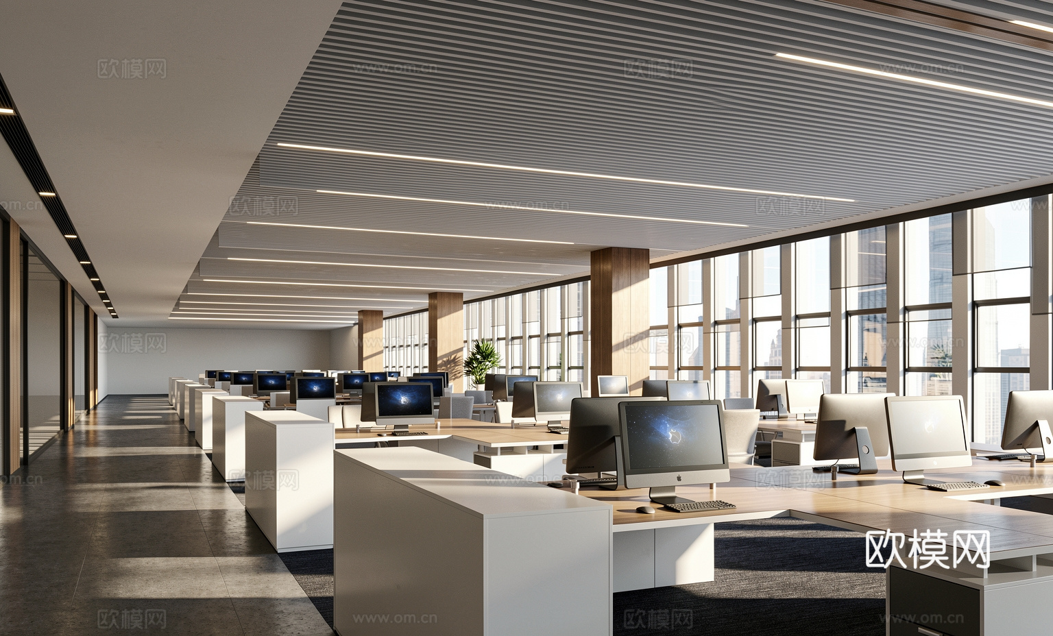 现代公共办公区_开放式办公室_员工办公区_过道_办公桌椅_办su模型