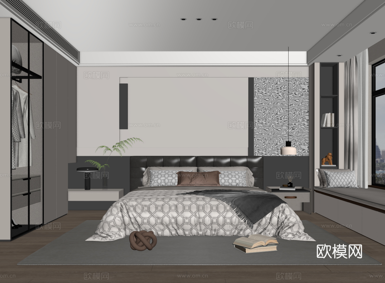 现代黑白灰卧室 双人床卧室 主卧 次卧 双人床su模型