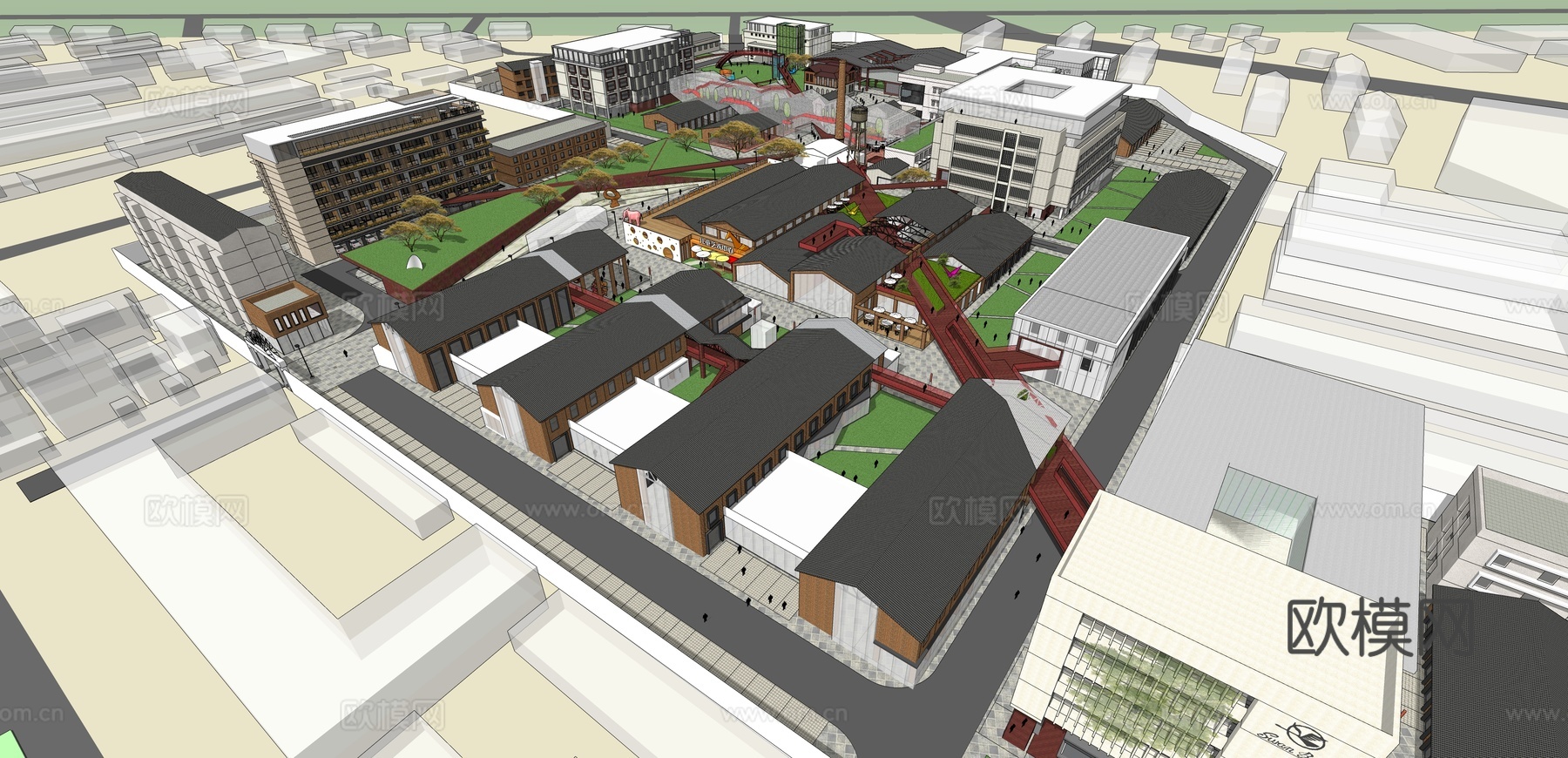 网红打卡工业建筑旧改工厂商业街su模型