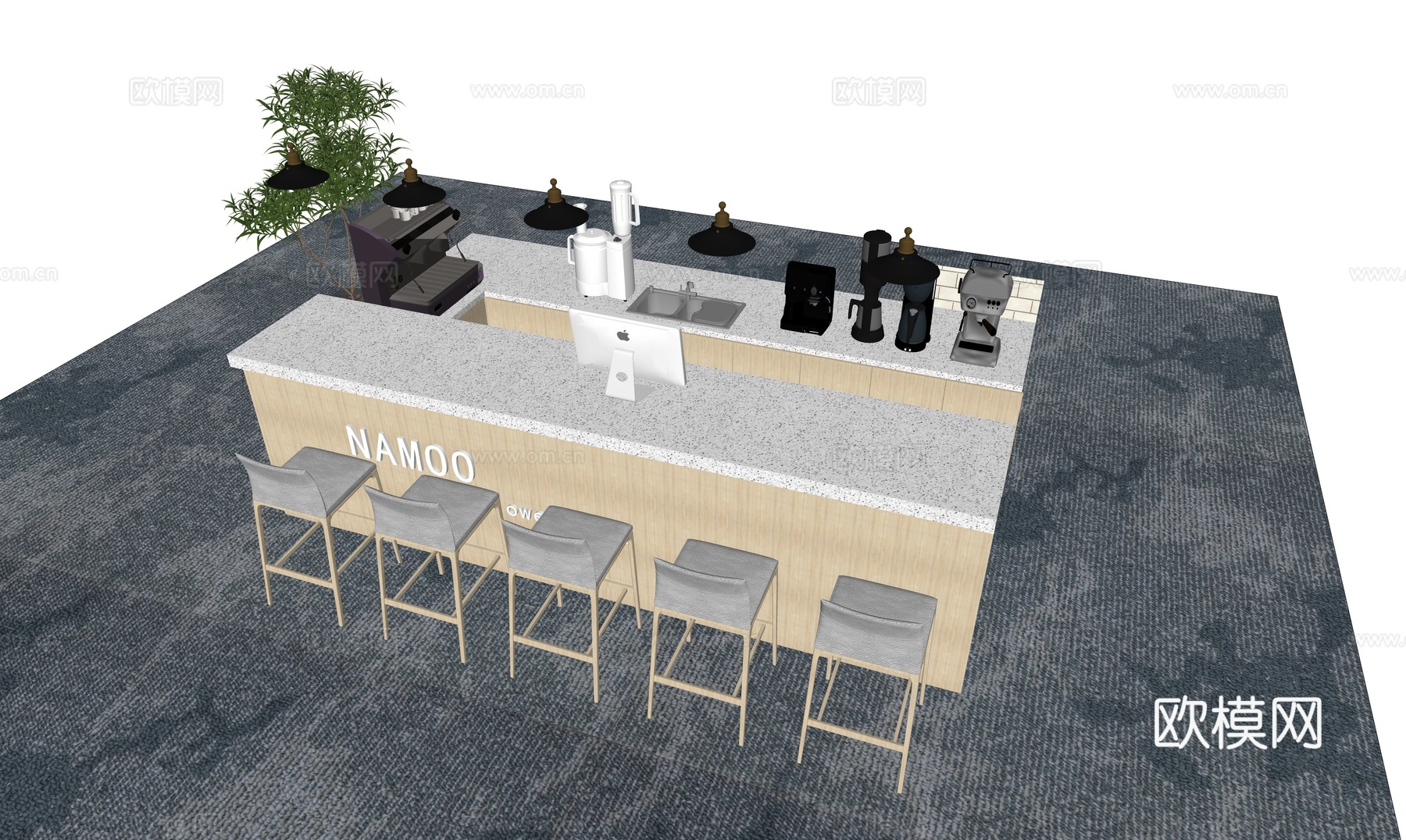 现代风格吧台_吧椅_吊灯_长桌椅su模型