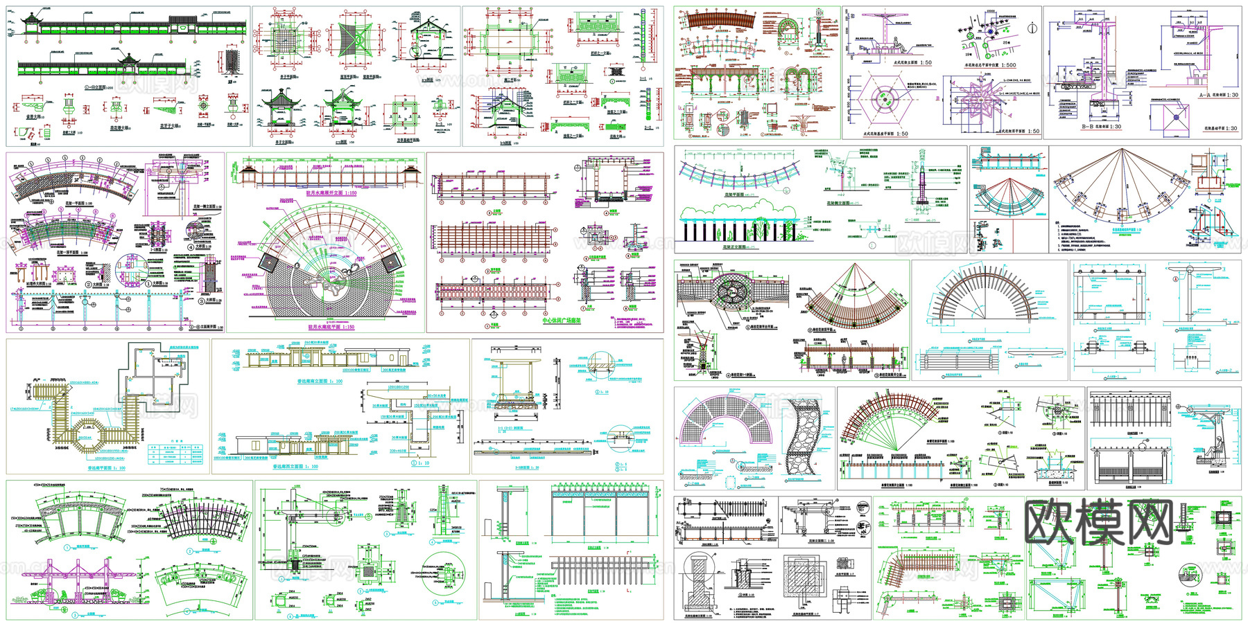 景观廊长廊花架剖面做法工艺详图节点CAD素材图库cad施工图