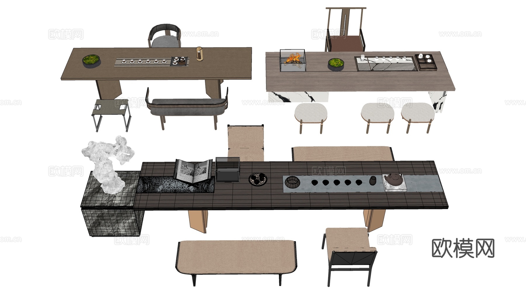 中式茶桌椅 榻榻米茶桌 茶台桌椅su模型
