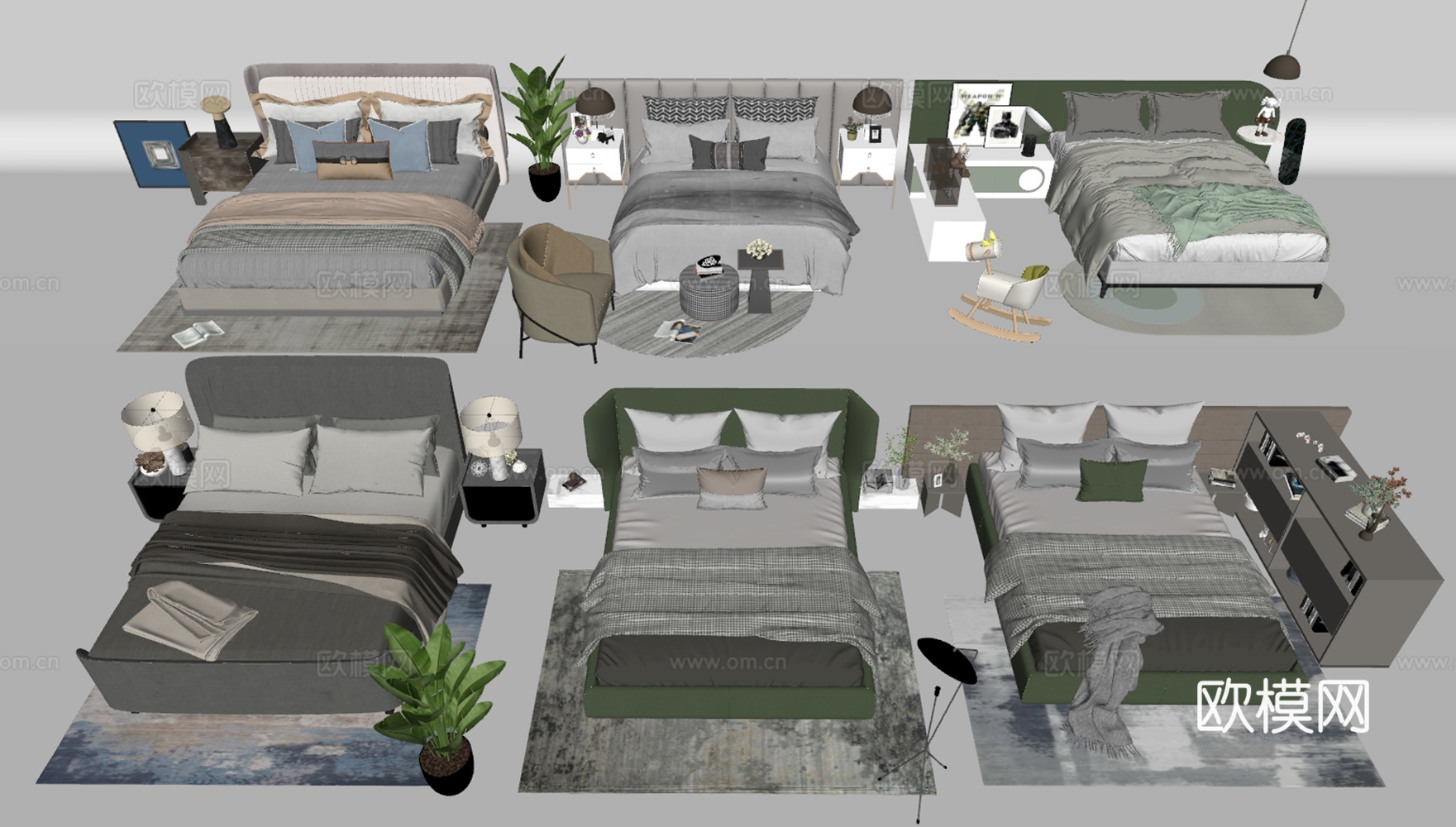 现代双人床组合 皮质双人床 北欧双人床 儿童床 床头柜 单椅su模型