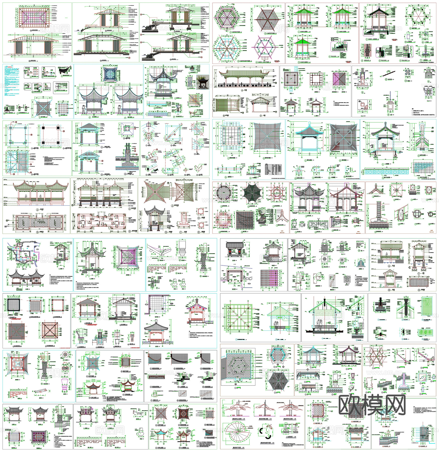 亭廊仿古亭景观亭凉亭茅草亭观景阁工艺详图节点CAD素材图库cad施工图