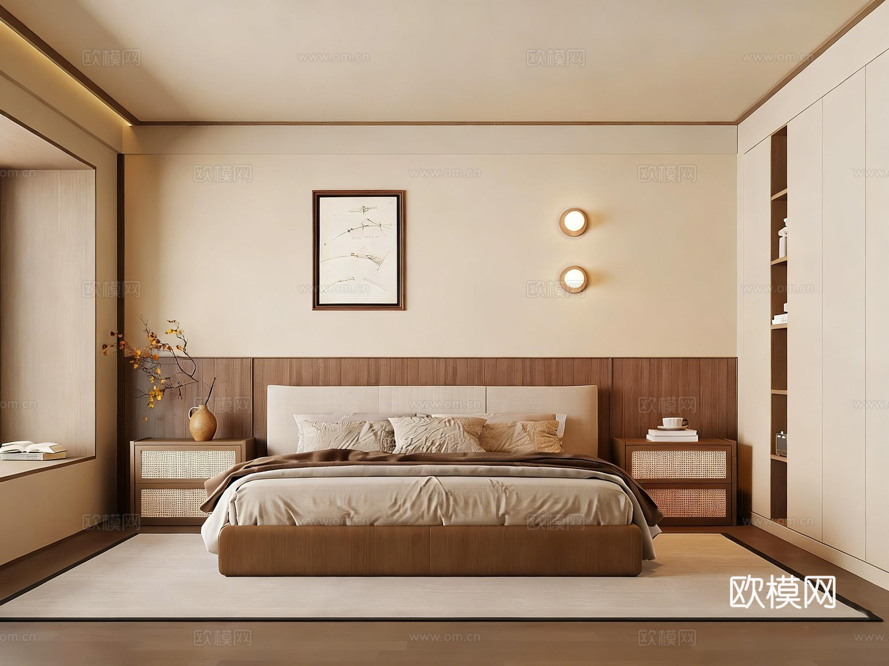 新中式主卧 卧室 床c 床头柜 衣柜3d模型下载