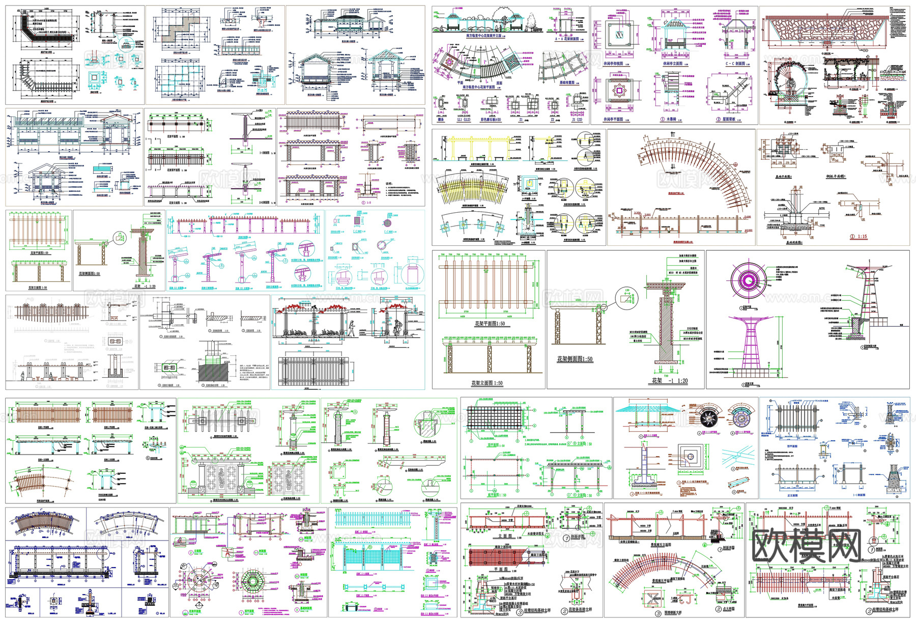 景观廊长廊花架剖面做法工艺详图节点CAD素材图库cad施工图cad施工图